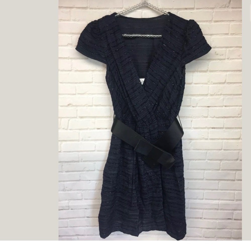 MILLY Blue & Black Striped Glitter Belt Dress